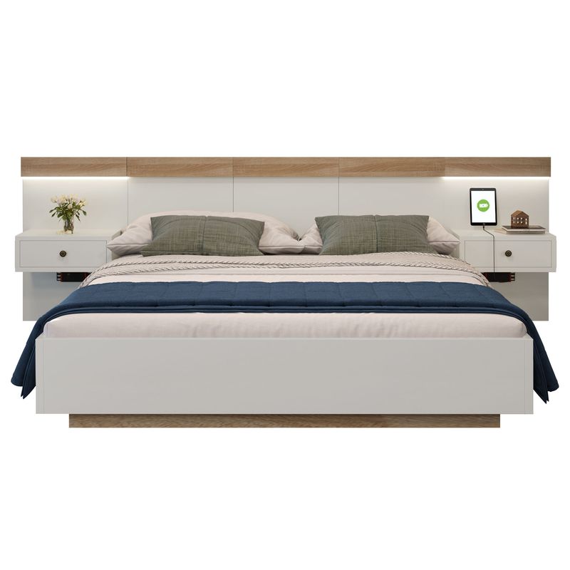 Cadre de lit Queen Size avec 2 tables de nuit LED et prise USB C, ensemble de lit en bois 180 x 200 cm avec 2 tables de nuit, mobilier de chambre complet en chêne Sonoma/blanc, dimensions 205 x 284 x 90,5 cm (L x l x H), sans matelas._voghion.com