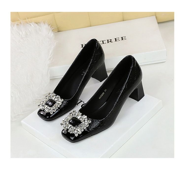 5299-K90 Wind Autumn/Winter New Women's Shoes Coarse Middle Heel Square Head Splicing For Slimming Single Shoe Water_voghion.com