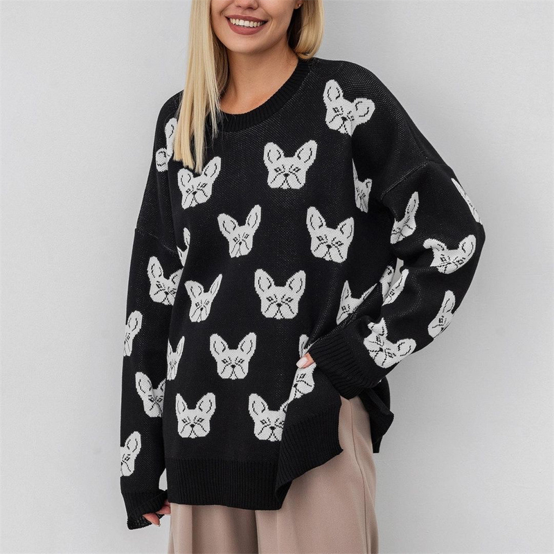 Suéter de cuello redondo con jacquard y cabeza de perro para mujer, nuevo estilo de otoño e invierno, estilo perezoso, suéter holgado, chaqueta_voghion.com