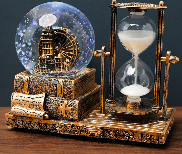 Vintage ijzeren toren zandloper timer kristallen bol achttonige doos lichtgevende desktop decoratie student afstuderen kerstcadeau_voghion.com