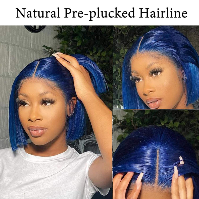 10 Zoll blauer Bob, kurzes Haar, glattes glattes Haar, 180 % Dichte, 13 x 4 Spitze, Echthaar-Perücke, Kopfbedeckung_voghion.com