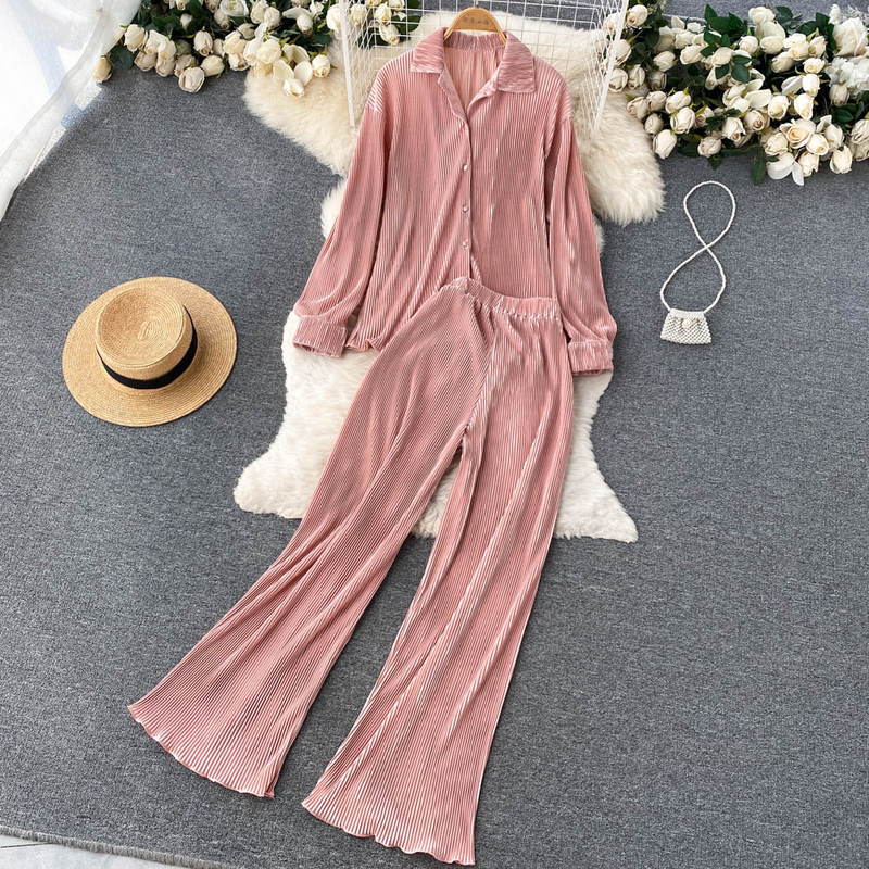 Elegant zweedeelegt Kostüm fir Fraen, Summermoud, modesch laangärmlech Hemdtop, 1-Taille-Drapéierung Casual Hosen_voghion.com