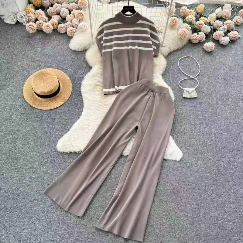 Stilvolles Strickoberteil mit Streifen für Damen, lässige Hose mit hoher Taille und weitem Bein, modischer zweiteiliger Anzug_voghion.com
