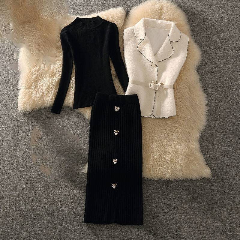 Women's Clothing Autumn Mature Suit Temperament Lady Suit Collar Vest Sweater Hip Skirt Three Piece Suit_voghion.com