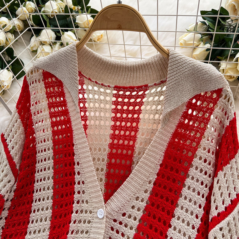Abbigliamento da donna, completo estivo da donna con scollo a V, cardigan lavorato a maglia largo + pantaloni a gamba larga, completo a righe con cavi abbinati_voghion.com