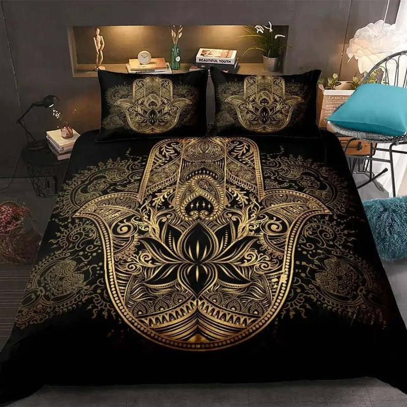 Set copripiumino bohémien nero e oro, tre pezzi_voghion.com