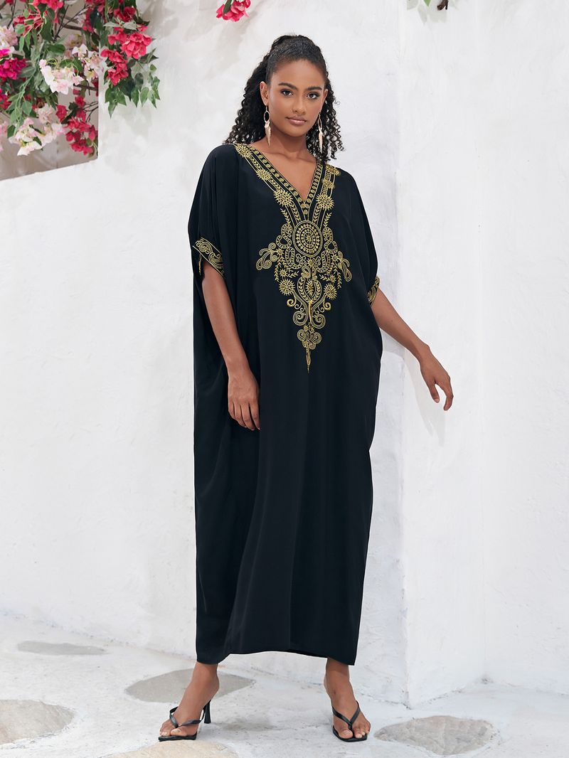 Maxikleid aus Baumwolle mit Stickerei, Strand-Überwurf-Tunika mit Blumenmuster – leicht und fließend für Damen_voghion.com