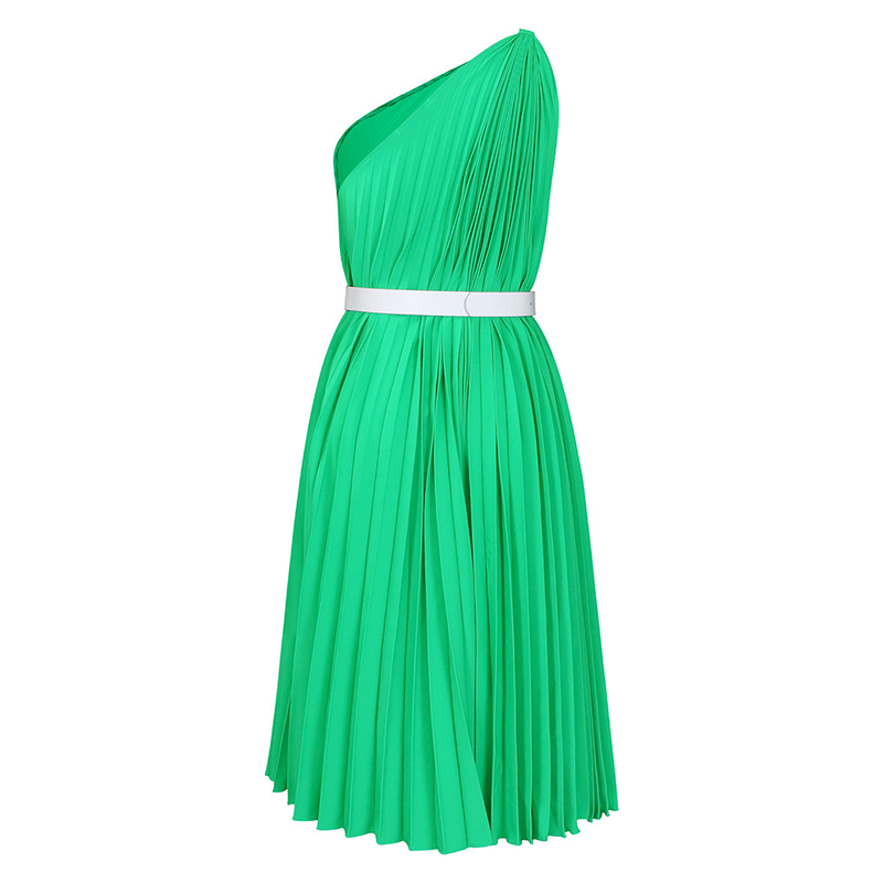Women's with belt new fashion temperament slanted shoulders solid color pleated skirt hem _voghion.com