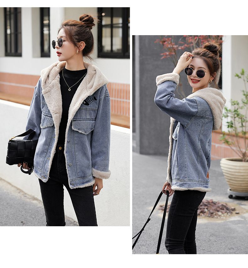 Giacca in denim con fodera in pile per donna - Cappotto corto oversize con colletto polo, caldo capo invernale per taglie piccole e alte_voghion.com