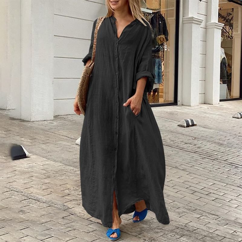 Abbigliamento donna casual tasca camicia colletto gonna lunga casual cotone e lino grandi dimensioni abito gonna_voghion.com