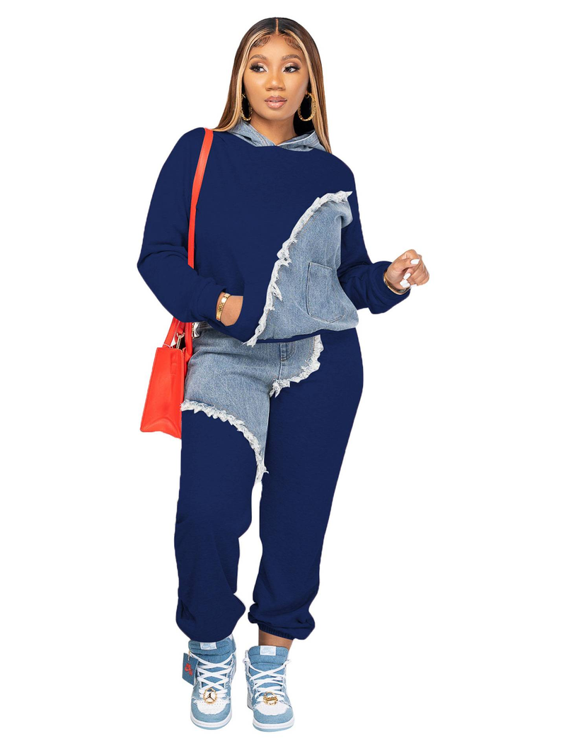 Modieuze casual sweatshirt gesplitste denim lange tweedelige set_voghion.com