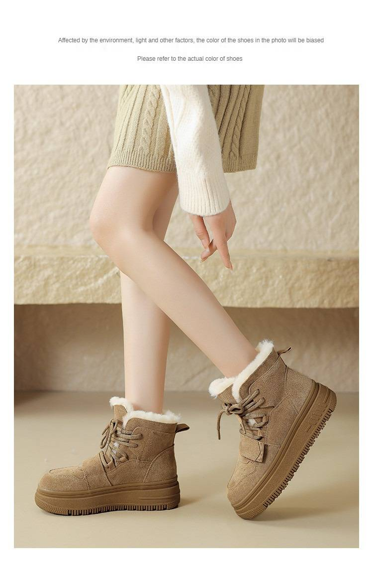 cameido Women's fur-lined warm cotton snow boots made of frosted leather, flat and casual short boots with lace-up design_voghion.com