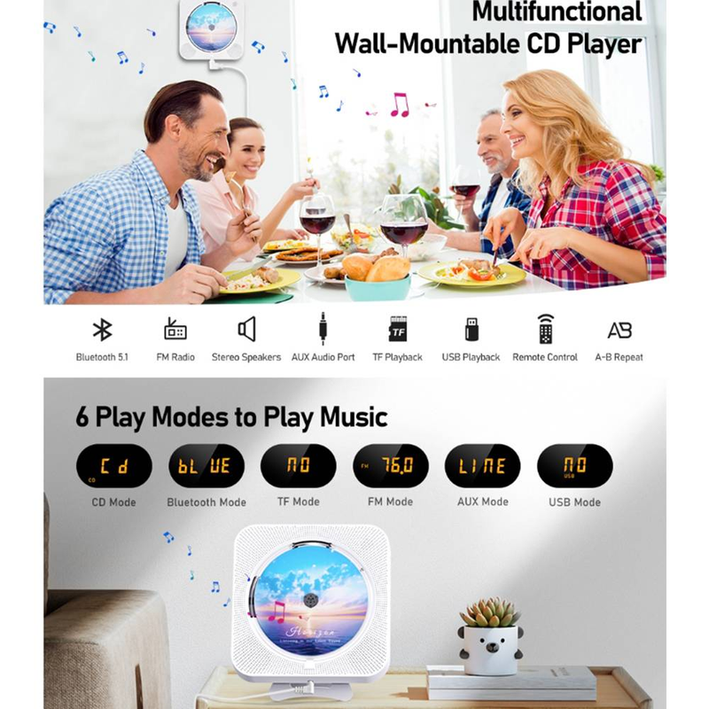 „Byteuni“ nešiojamas „Bluetooth“ namų CD muzikos grotuvas su nuotolinio valdymo pultu, laikmačiu, įmontuotais garsiakalbiais ir LED ekranu, FM radiju, „Boombox“ (neįkraunamas)_voghion.com