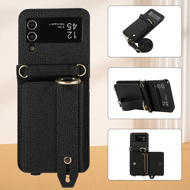 Suitable For Samsung Z Flip5 Folding Crossbody Mobile Phone Case Z Flip4 Card Slot Protective Cover Wrist Strap Bracket Leather Case_voghion.com