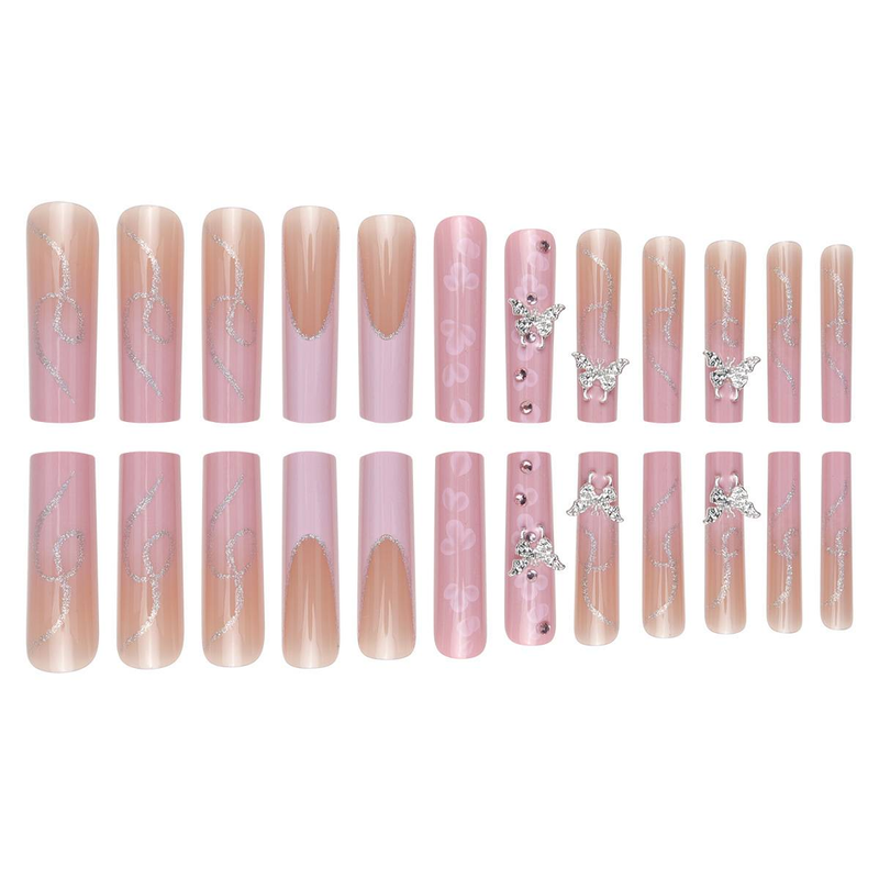 Eleganti unghie finte con farfalle argentate e motivo floreale rosa - Unghie finte glitterate con strass - Facili da applicare_voghion.com