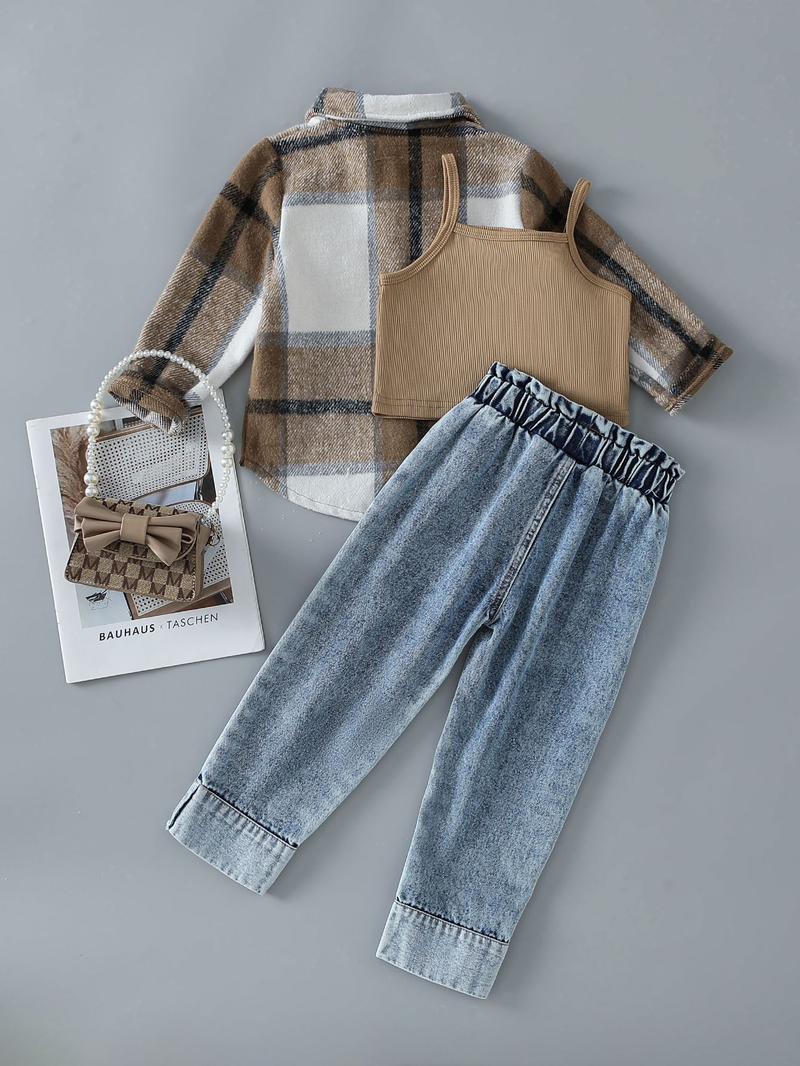 3-teiliges Herbst-Set aus Jeansweste und Cordhemd mit verwaschenen Jeans für Mädchen – weiche Baumwollmischung, stylisch und bequem (4–7 Jahre)_voghion.com