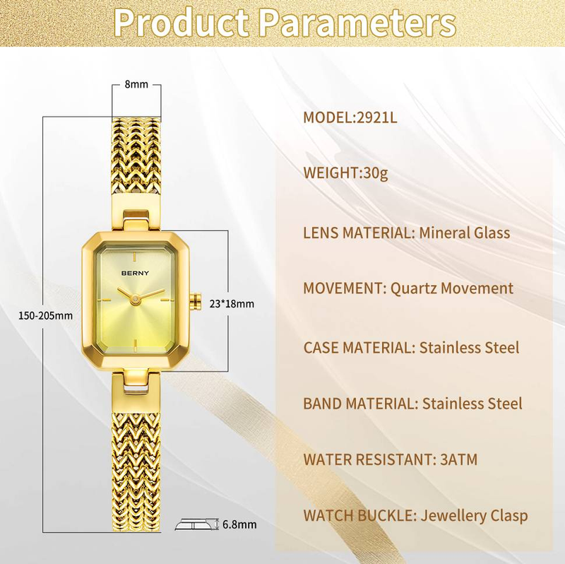 BERNY Small Gold Watches For Women Dainty Luxury Ladies Analog Quartz Bracelet Watch Rectangular Case Stainless Steel Waterproof Minimalist Wristwatch_voghion.com