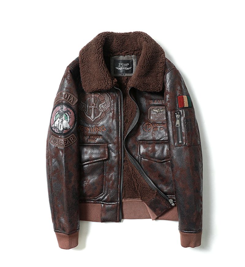 Men's Aviator Style PU Leather Jacket With Embroidered Patches, Fleece-Lined Biker Coat For Winter (Black, Brown, Vintage Brown)_voghion.com