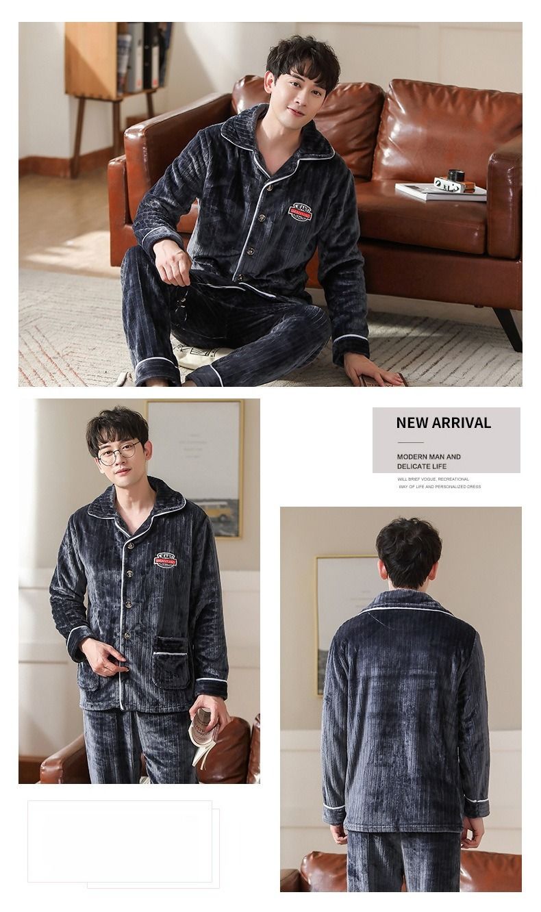 Autumn And Winter Thickened Flannel Pajamas Men's Youth Cardigan Long-sleeved Fleece Warm Coral Fleece Men's Suit Large Size_voghion.com