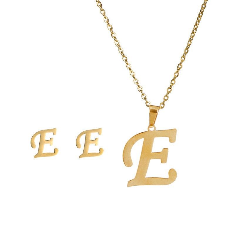 New Trendy Stainless 26 letter English Necklace Earrings Set, Gold Pendant Necklace And Earrings, Stainless Steel Simple Men's And Women's Accessories_voghion.com