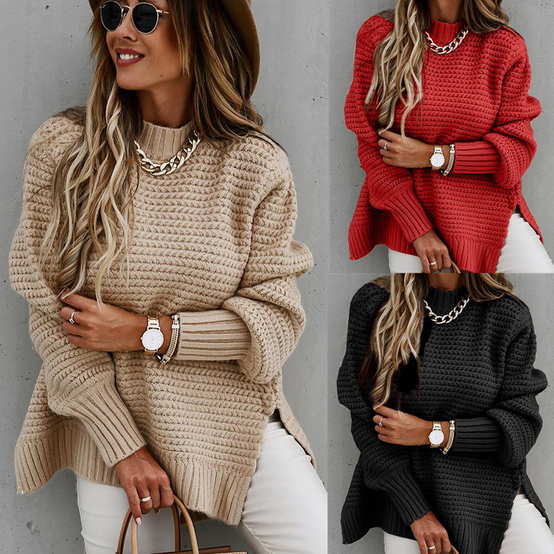 Suéter feminino de malha com divisão lateral e semi-gola alta de cor sólida_voghion.com