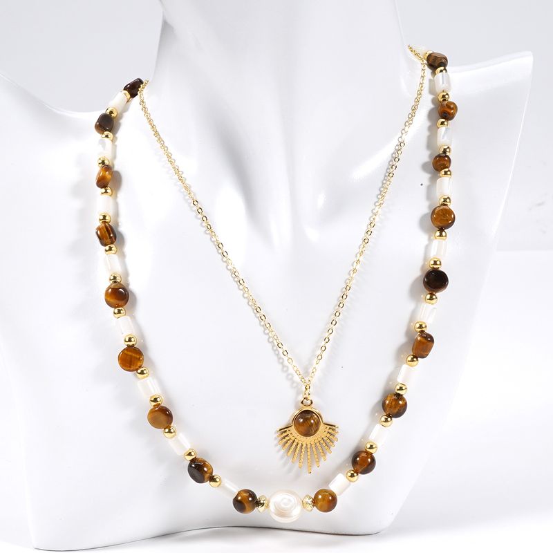 Corrente de ouro 14K Pérola de água doce Concha Olho de tigre Pedra natural Colar de pedra Corrente de clavícula_voghion.com