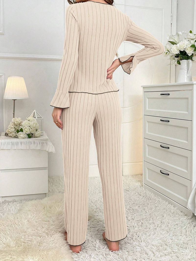 Herbst Winter Pyjamas Frauen Drehen-unten Kragen Bowknot Mode Sexy Ärmel Lange Hosen Home Wear Set Weibliche_voghion.com