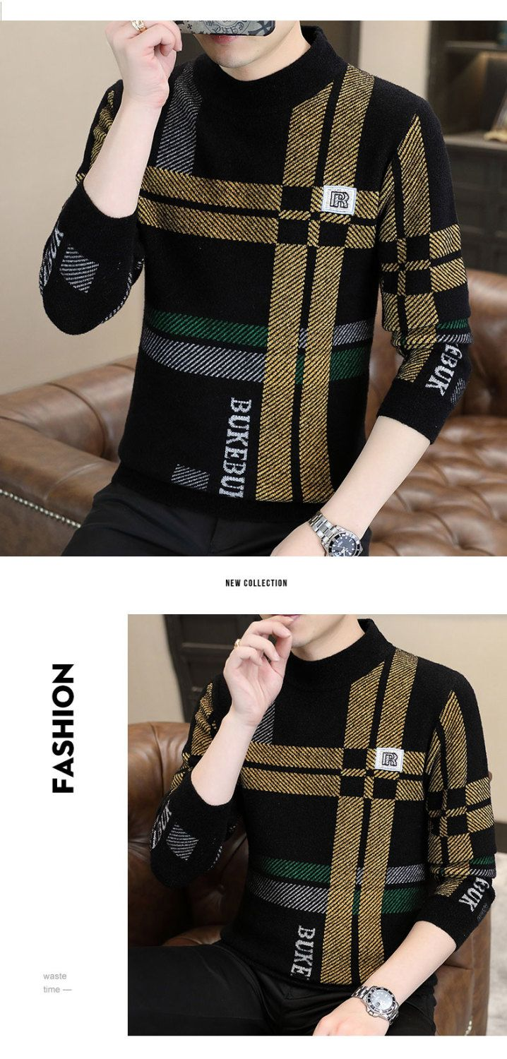 Mid neck sweater for men in autumn and winter, half high neck bottom shirt, striped jacquard high-end knitwear, new_voghion.com