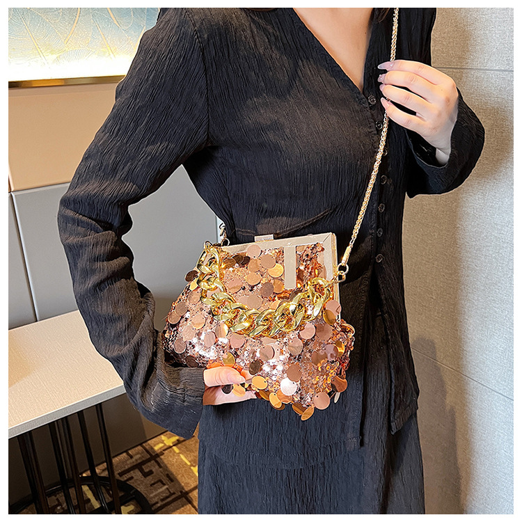 Piccola borsa per le donne 2023 Nuova borsa a tracolla versatile con catena di paillettes, borsa da sera con clip alla moda_voghion.com