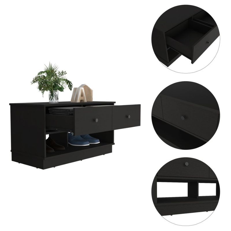 Gue Willamette 2Drawer Rectangle Storage Black 2Shelf Bench_voghion.com