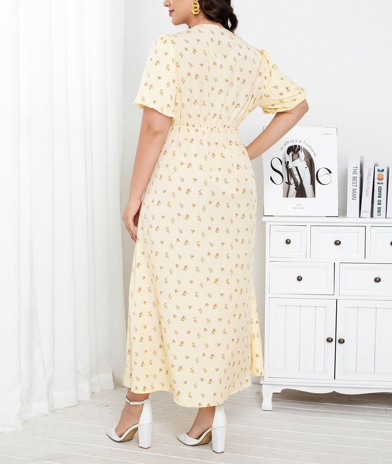 Wickelkleid mit Blumenmuster für Damen, V-Ausschnitt, Midi-Teekleid mit Knopfdetail, atmungsaktives Polyester, Übergröße 0XL-4XL (Gelb)_voghion.com