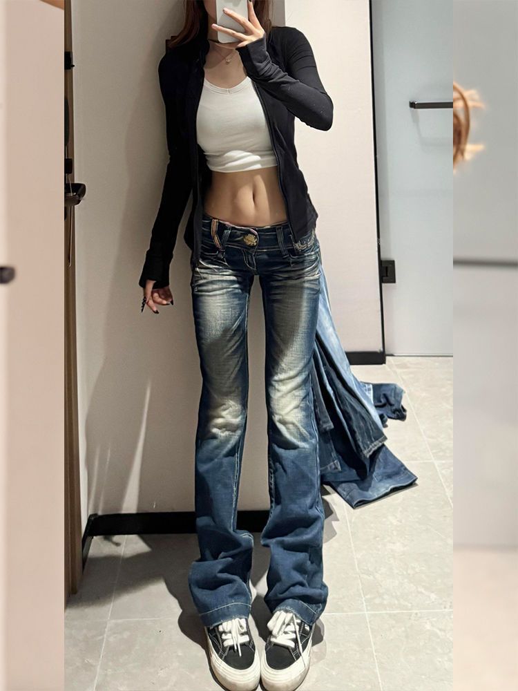 Women's Clothing Large Size Personalized Wings Embroidered JeansY2k Millennial Hot Girl Micro Flared Mopping Pants_voghion.com