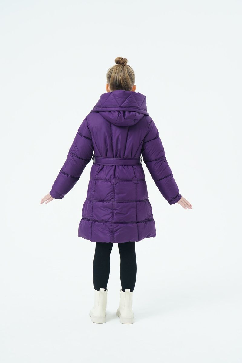 Mother & Kids Langer Puffermantel für Mädchen mit Gürtel und Kapuze – Warme Winterjacke mit Fleecefutter für Kinder (120–150 cm) – Lila/Wassermelonenrot/Schwarz_voghion.com