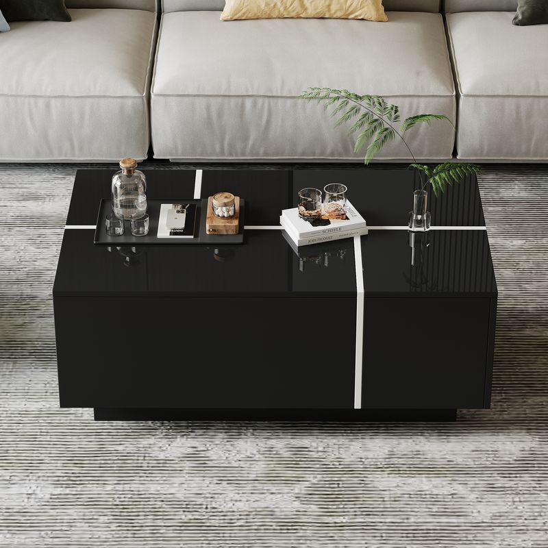 Table basse carrée noire moderne 100 x 60 x 40 cm, finition patchwork brillante, 4 tiroirs et plateau coulissant, supporte jusqu'à 30 kg._voghion.com