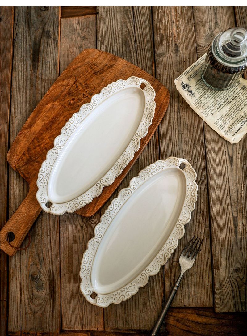 Luxury Ceramic Dinner Plates Set – 10.3" Elegant Embossed Round & Oval Plates With Wooden Pedestal (Microwave Safe, Minimalist Chic For Home & Cafe)_voghion.com