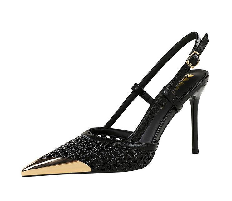 Hollow Woven Stiletto Sandals Women's High-end Metal Pointed One-word Strap High Heels_voghion.com