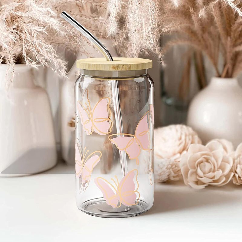 Moderner, minimalistischer Glasbecher mit Bambusdeckel – 16 oz Borosilikat-Schmetterlingsdesign, auslaufsicher und umweltfreundlich (Eiskaffee/Tee/Schaumgetränk)_voghion.com