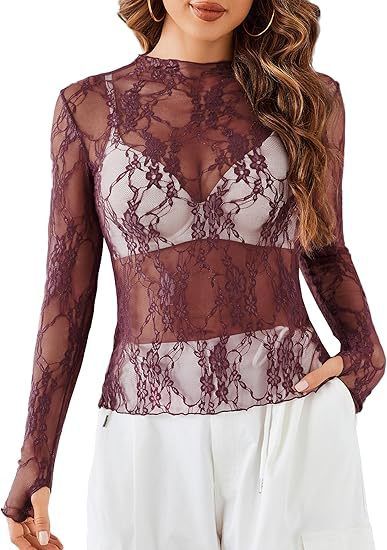 Top da donna, maniche lunghe, collo alto, camicia trasparente, top in pizzo floreale trasparente, hanno un vero colpo_voghion.com