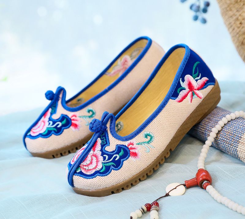 Flache Kuhsehnen-Weichsohlen, bestickte Stoff-Mama-Schuhe, dicke Füße, Damen-Einzelschuhe_voghion.com