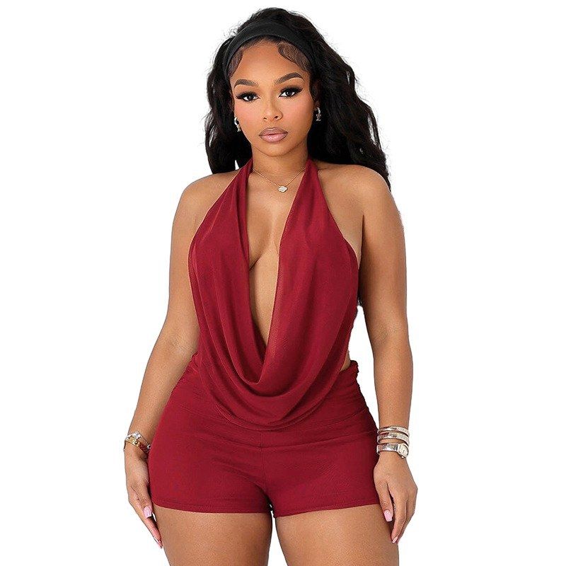 D9525 Ensemble deux pièces sexy à col licou et col pivotant pour femme, couleur unie, en maille_voghion.com