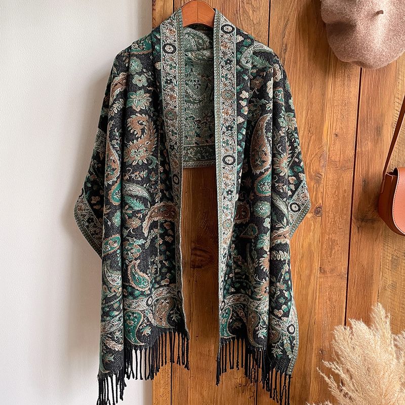 Sciarpa da turismo con fiori e frutta in stile etnico autunnale e invernale, da donna, in jacquard, con nappa, extra lungo, spesso_voghion.com