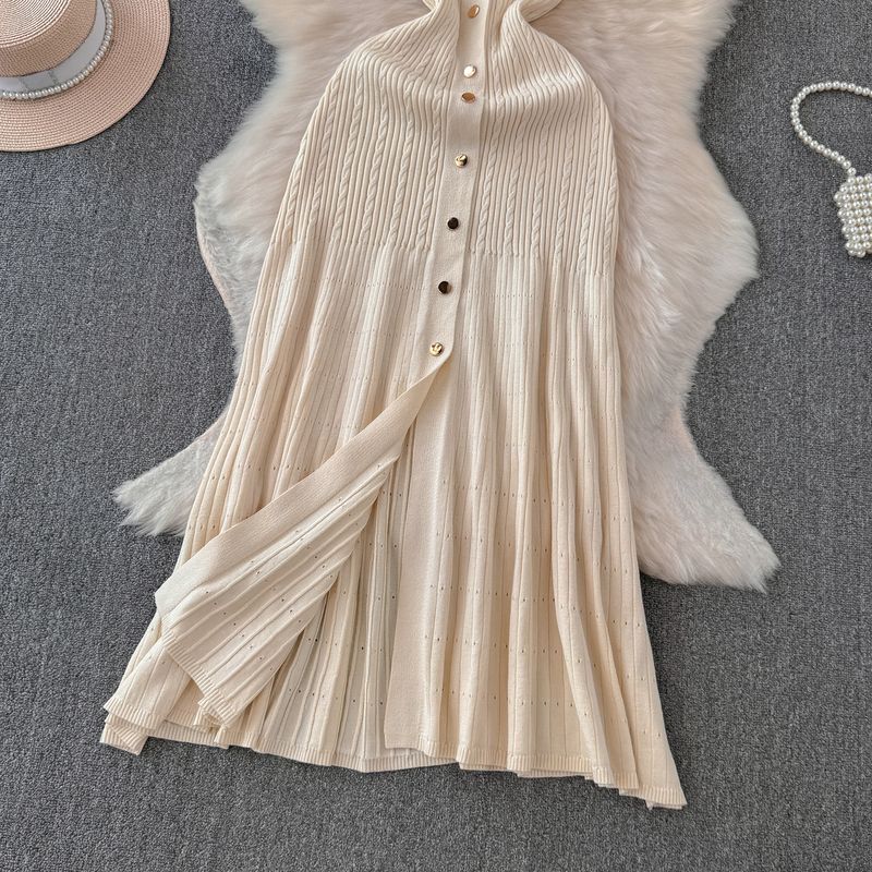 Robe brodée contrastée à manches courtes pour femme, style Xiaoxiang, automne et hiver, col à la taille, amincissante, simple boutonnage, en forme de A, tricotée_voghion.com