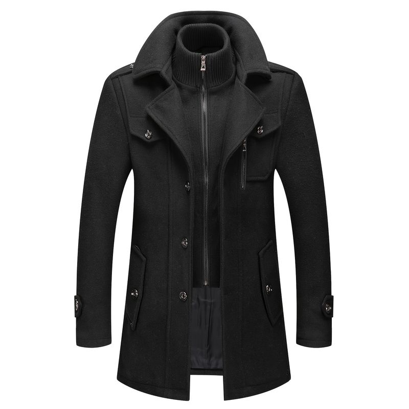 Herren-Trenchcoat aus Fleece-Mischgewebe mit abnehmbarem Stehkragen, einreihiger Mantel mit Reißverschlusstaschen – lässiger Herbst-/Wintermantel_voghion.com