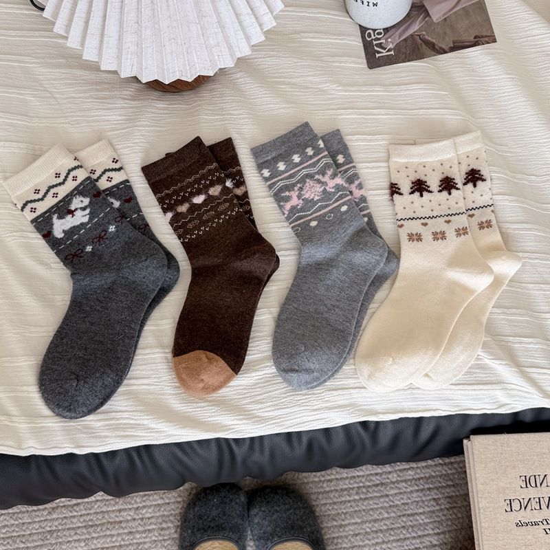 Lillian Herbst Winter New Fair Ile Dreidimensionaler Jacquard Koreanischer Stil Warm Mid-Calf Damen Retro Verdickt Weihnachten_voghion.com