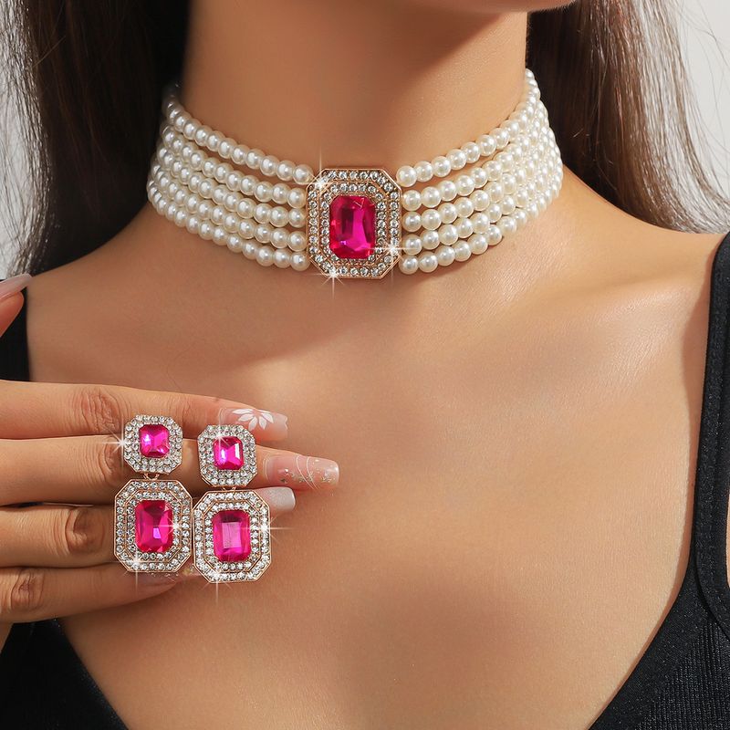 luxury multi layer pearl geometric rectangular crystal necklace earrings colorful necklace fashion exaggerated necklace_voghion.com