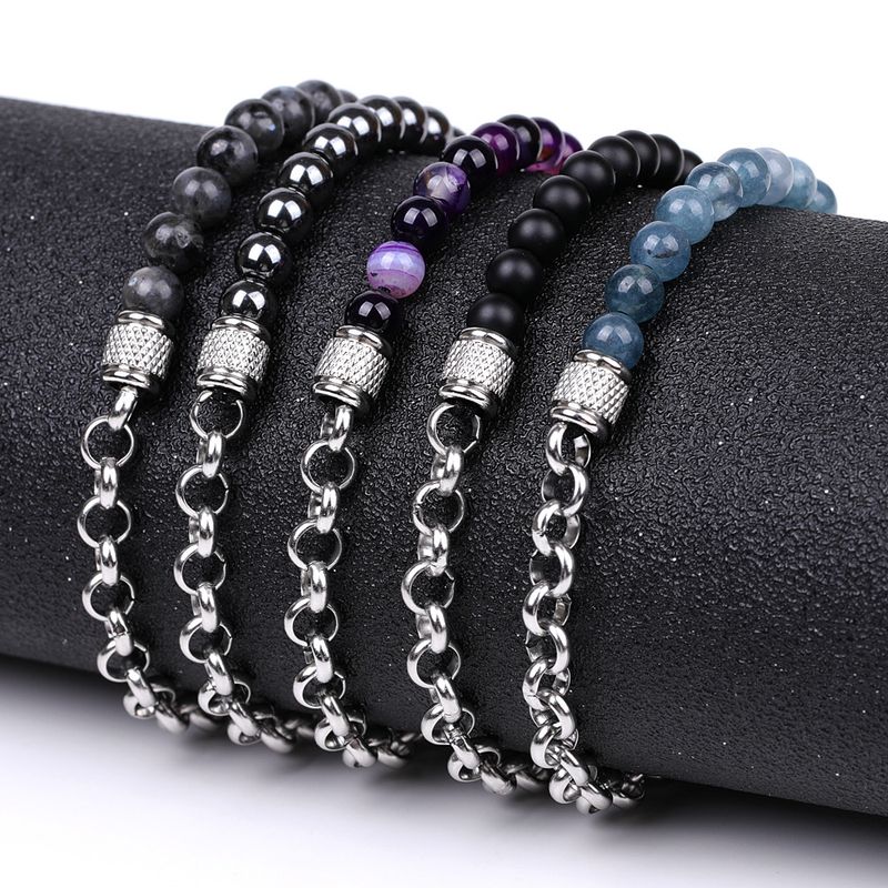 Bracelets en pierres précieuses pour elle et lui - Chaîne tressée en acier inoxydable avec pierres précieuses vert lavande, ensemble assorti pour couple_voghion.com