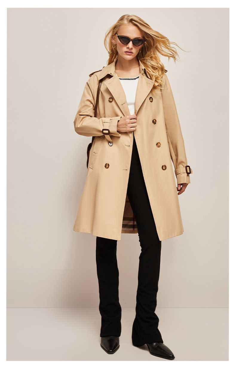 Trench classico doppiopetto da donna – Cappotto in gabardine misto cotone di media lunghezza con cintura in vita, vestibilità slim, dalla S alla XXL_voghion.com