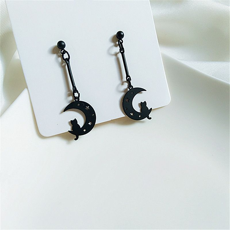 Orecchini lunghi a forma di luna con nappine, orecchini a clip non forati con ago in argento, orecchini a forma di stella e luna, orecchini neri con clip per orecchini_voghion.com