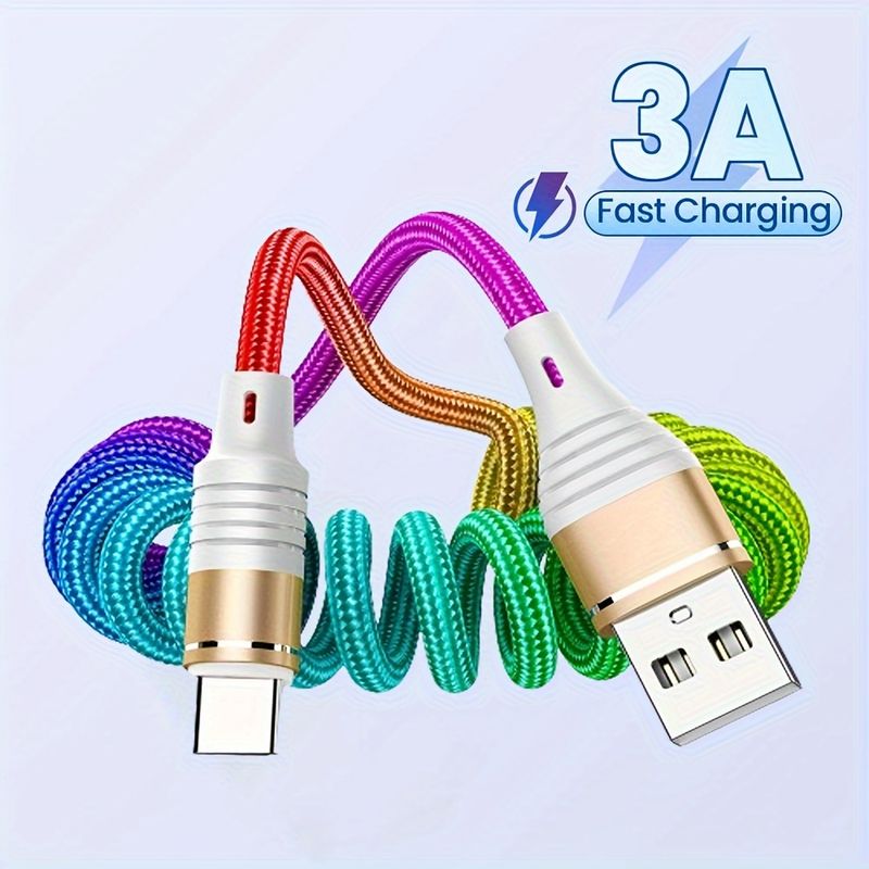 3A Fast Spring USB Type C Charger Cable - Adjustable Length, Nylon Braided, Durable, Fast Charging, Compatible with Samsung/Xiaomi_voghion.com
