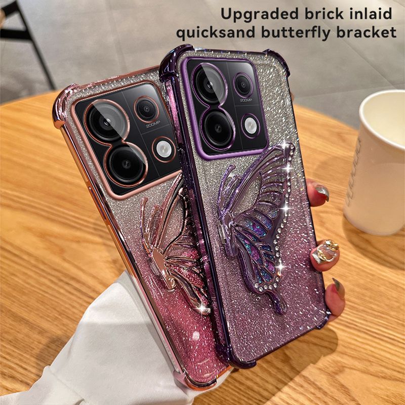 Quicksand Butterfly Bracket Case For POCO F6 X6 M6 Redmi Note 13R 13 5G Xiaomi Mi 13T Pro Corners Protect Bump Cover_voghion.com